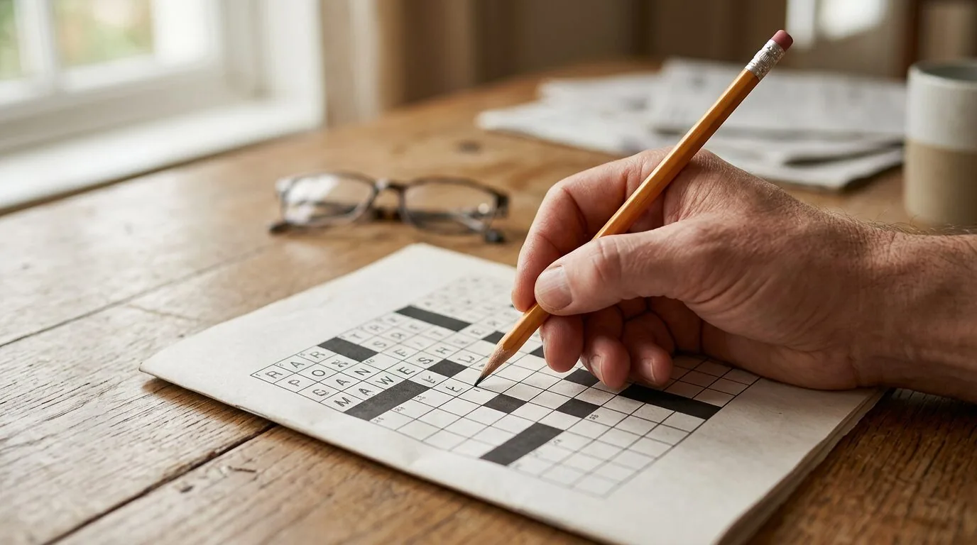 A person's hand writing in a crossword puzzle with a pencil, focusing on solving a clue.